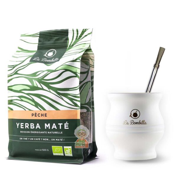 Coffret yerba maté bio goût pêche + calebasse et paille