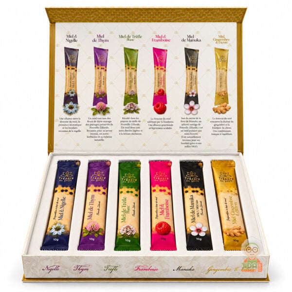 Coffret miels contenant du miel de nigelle, miel de manuka, miel de thym... - 24 sticks de 10g