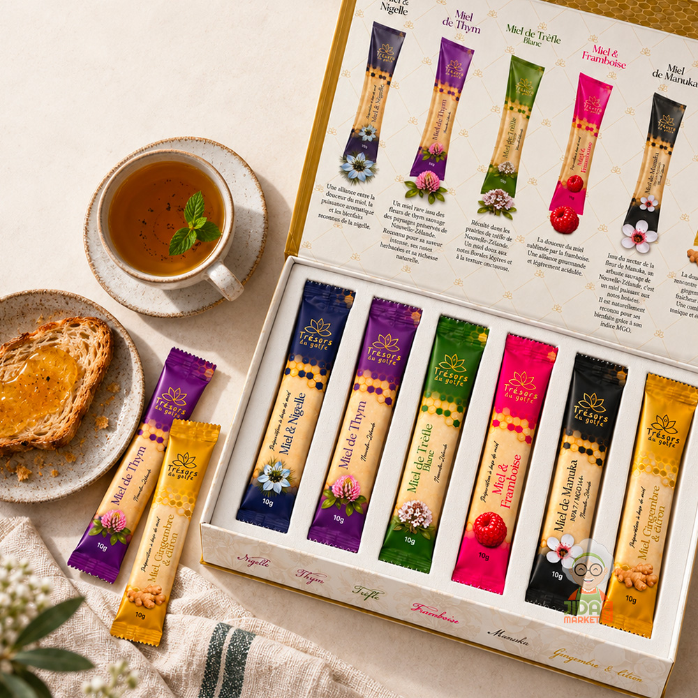 COFFRET SIGNATURE MIELS 4 Coffret miels contenant du miel de nigelle, miel de manuka, miel de thym... - 24 sticks de 10g