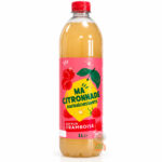 Bouteille plastique de 1 L de citronnade saveur framboise, bouchon rouge, étiquette rose illustrée d'un citron jaune et de framboises