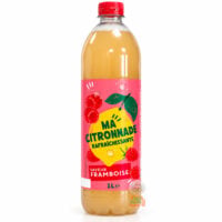 Bouteille plastique de 1 L de citronnade saveur framboise, bouchon rouge, étiquette rose illustrée d'un citron jaune et de framboises