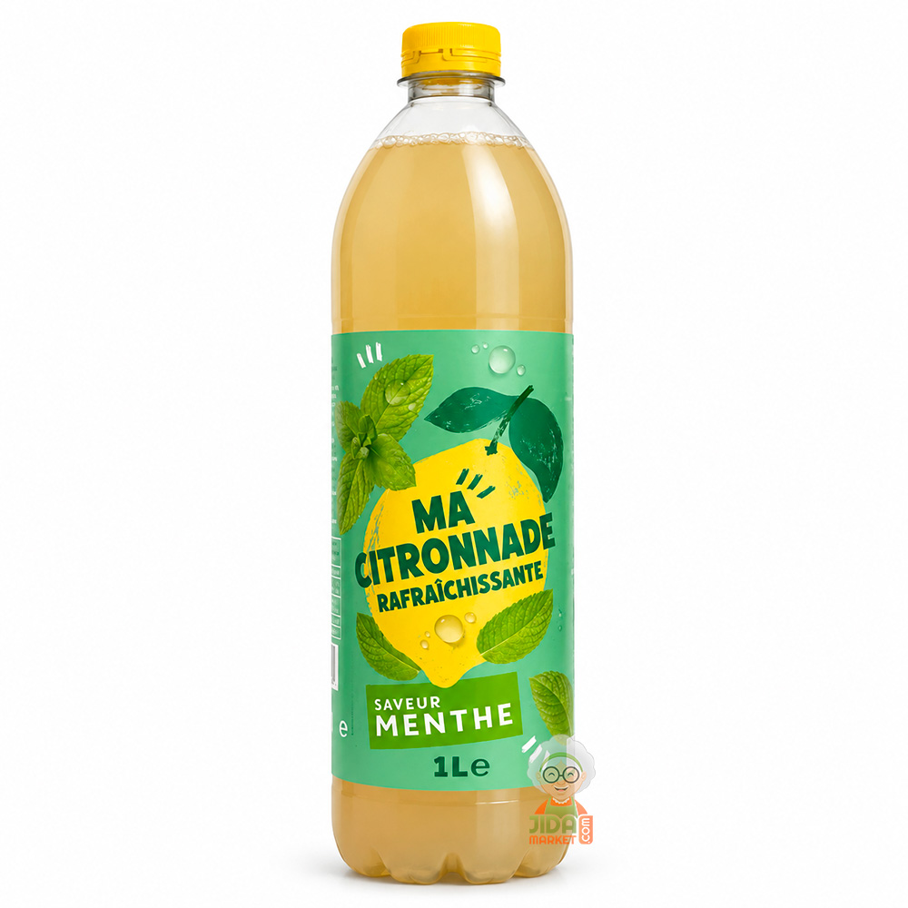 Bouteille plastique de 1 L de citronnade saveur menthe, bouchon jaune, étiquette verte illustrée d'un citron jaune et de feuilles de menthe