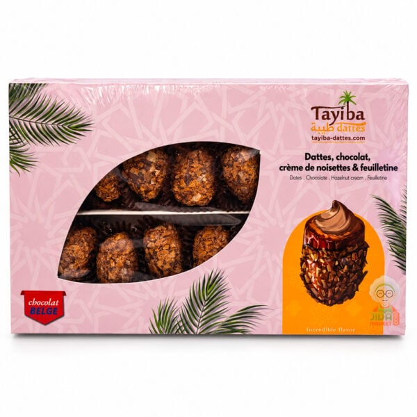 Dattes au chocolat, crème de noisette et feuilletine