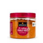 Pot transparent Bedros Le mélange Poulet rôti 90 g, couvercle rouge framboise, mélange paprika, oignon et ail de couleur orangée