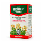 Boîte rouge et verte de tisane Ernst Richter's Transit Richtertee, 20 sachets, illustrée de plantes à fleurs jaunes et du portrait d'Ernst Richter